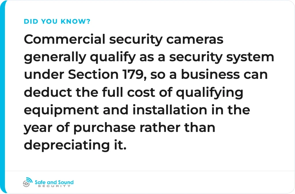 Section 179 lets qualifying camera equipment and installation be deducted in the year of purchase, up to $2,560,000 for 2026. Confirm eligibility with your accountant.